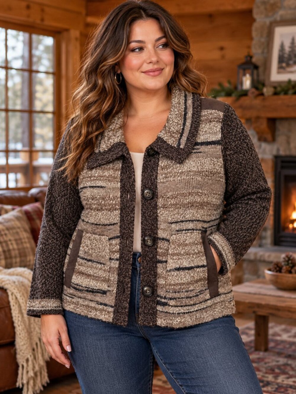 CJ Banks Cabin Boho Marled Knit Cardigan Sweater w/ Faux Suede Trim Size X